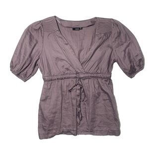 a.n.a Women's Purple Babydoll Blouse Top Large Short Sleeve Tie Front Bow